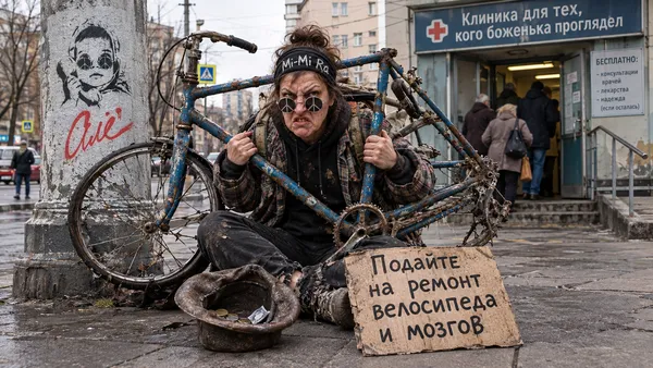 Эта странная женщина с первого фото надела себе через голову на плечи раму старого взрослого велосипеда с поврежденными колесами, просунув в нее голову и придерживая ее руками, у этой женщины глупый и недовольный вид, она сидит с этой здоровенной велосипедной рамой на плечах на земле на московской улице возле фонарного столба, на котором виден рисунок со второго фото. Перед этой женщиной на земле лежит старая шляпа и табличка с надписью "Подайте на ремонт велосипеда и мозгов"; На дальнем плане - двери в клинику для малоимущих с названием "Клиника для тех, кого боженька проглядел"; это изображение is quite uncanny and chaotic с жестким высмеиванием хамства на русском языке. Никаких облачков диалога.