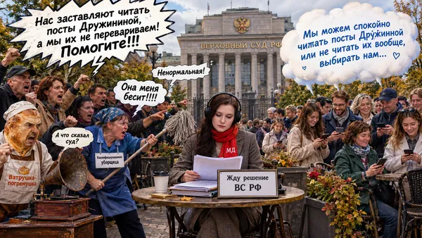 Фотореалистичное изображение, слегка chaotic and uncanny: в центре за столиком сидит женщина с фото, она одета в брючный осенний костюм, на шее яркий красный шарф, на котором белым вышито МД; у нее на голове наушники, она сидит и спокойно читает судебные документы, на столике - табличка, на которой написано по-русски "Жду решение ВС РФ"; слева - всего четыре человека, женщин и мужчин, которые что-то кричат, машут кулаками в сторону женщины за столиком справа, и среди них: наполовину батон хлеба, наполовину мужчина, с глупым и злым лицом из выпеченного теста, одетый в пакет дешевой пекарни "Ватрушка-погремушка", рядом с ним стоит патефон с большой ржавой трубой,из которой виднеется облачко диалога, в котором написано по-русски "А что сказал суд?"; есть здесь уборщица с бэйджем, на котором крупно и заметно написано "Квалифицированная уборщица", она сердито размахивает шваброй в сторону женщины, сидящей за столиком в центре, от ее рта отходит облачко диалога, в котором написано по-русски "Она меня бесит!!!!"; от рта еще одного человека отходит облачко диалога, в котором написано по-русски "Ненормальная!"; остальные персонажи здесь тоже что-то кричат, размахивая руками, кулаками в сторону женщины, сидящей за столиком в центре, от их ртов отходят облачки диалога, которые слились над их головами в одно  большое грязноватое облако диалога с грозовой молнией, в котором броско написано по-русски "Нас заставляют читать посты Дружининой, а мы их не перевариваем! Помогите!!!" Справа от женщины, сидящей в центре за столиком, видно большое количество вполне доброжелательных мужчин и женщин, большая толпа, они заняты кто чем, некоторые просматривают свои смартфоны, от их ртов отходят облачки диалога, которые сливаются над их головами в одно большое, красивое, пушистое, объемное облако диалога, в котором написано по-русски "Мы можем спокойно читать посты Дружининой или не читать их вообще, выбирать нам..." На дальнем плане - здание Верховного Суда РФ.
