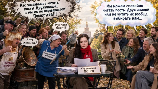 Фотореалистичное изображение, слегка chaotic and uncanny: в центре за столиком сидит женщина с фото, она одета в брючный осенний костюм, на шее яркий красный шарф, на котором белым вышито МД; у нее на голове наушники, она сидит и спокойно читает судебные документы, на столике - табличка, на которой написано по-русски "Жду решение ВС РФ"; слева - небольшая толпа неприятных персонажей, женщин и мужчин, их человек шесть или семь, которые что-то кричат, машут кулаками в сторону женщины за столиком справа, и среди них: наполовину батон хлеба, наполовину мужчина, с глупым и злым лицом из выпеченного теста, одетый в пакет дешевой пекарни "Ватрушка-погремушка", рядом с ним стоит патефон с большой ржавой трубой,из которой виднеется облачко диалога, в котором написано по-русски "А что сказал суд?"; есть здесь уборщица с бэйджем, на котором крупно и заметно написано "Квалифицированная уборщица", она сердито размахивает шваброй в сторону женщины, сидящей за столиком в центре, от ее рта отходит облачко диалога, в котором написано по-русски "Она меня бесит!!!!"; все остальные персонажи здесь тоже что-то кричат, размахивая руками, кулаками в сторону женщины, сидящей за столиком в центре, от их ртов отходят облачки диалога, которые слились над их головами в одно  большое грязноватое облако диалога с грозовой молнией, в котором броско написано по-русски "Нас заставляют читать посты Дружининой, а мы их не перевариваем! Помогите!!!" Справа от женщины, сидящей в центре за столиком, видно большое количество доброжелательных мужчин и женщин, от их ртов отходят облачки диалога, которые сливаются над их головами в одно большое, красивое, пушистое, объемное облако диалога, в котором написано по-русски "Мы можем спокойно читать посты Дружининой или не читать их вообще, выбирать нам..."
