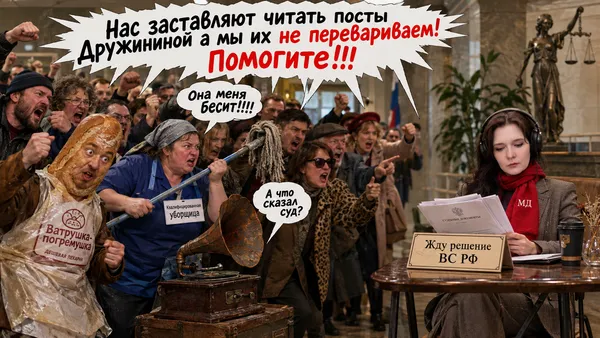 Фотореалистичное изображение, слегка chaotic and uncanny: справа в сторонке за столиком сидит женщина с фото, она одета в брючный осенний костюм, на шее яркий красный шарф, на котором белым вышито МД; у нее на голове наушники, они сидит и спокойно читает судебные документы, на столике - табличка, на которой написано по-русски "Жду решение ВС РФ"; слева - целая толпа неприятных персонажей, женщин и мужчин, которые что-то кричат, машут кулаками в сторону женщины за столиком справа, и среди них: наполовину батон хлеба, наполовину мужчина, с глупым лицом из выпеченного теста, одетый в пакет дешевой пекарни "Ватрушка-погремушка", рядом с ним стоит патефон с ржавой трубой,из которой виднеется облачко диалога, в котором написано по-русски "А что сказал суд?"; есть здесь уборщица с бэйджем, на котором крупно написано "Квалифицированная уборщица", она сердито размахивает шваброй в сторону женщины, сидящей за столиком справа, от ее рта отходит облачко диалога, в котором написано по-русски "Она меня бесит!!!!"; все остальные персонажи тоже что-то кричат, размахивая руками, кулаками в сторону женщины, сидящей за столиком справа, от их ртов отходят облачки диалога, которые слились над их головами в одно общее большое облако диалога, в котором красиво и броско написано по-русски "Нас заставляют читать посты Дружининой а мы их не перевариваем! Помогите!!!"