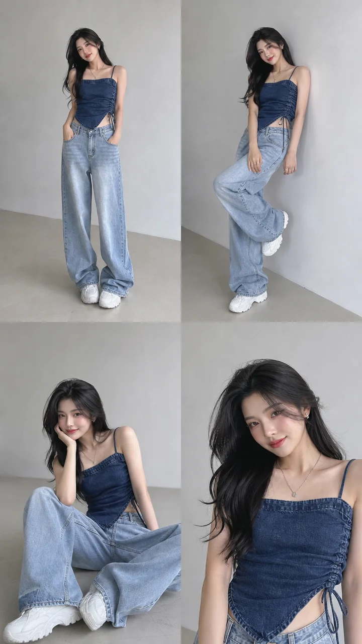 { "scene_type": "smartphone fashion portrait series", "composition": { "layout": "4-photo grid collage", "camera": "smartphone photography", "framing": [ "full body standing", "leaning wall pose", "casual seated pose", "upper body close-up" ], "angle": "eye-level, natural candid perspective", "aspect_ratio": "1:1 collage" }, "subject": { "gender": "female", "age": "early 20s", "aesthetic": "extremely beautiful, soft feminine street style", "appearance": { "skin_tone": "smooth fair complexion", "face": "soft feminine features, delicate jawline, naturally pretty", "expression": "confident, playful, relaxed", "eyes": "expressive with soft gaze", "hair": { "color": "deep black", "style": "long loose waves", "texture": "silky with natural movement" }, "makeup": "clean girl makeup, dewy skin, soft pink blush, glossy lips" }, "outfit": { "top": "dark denim asymmetrical ruched camisole top with thin straps and side drawstring detail", "bottom": "light wash ultra baggy wide-leg jeans", "shoes": "chunky white sneakers", "style": "modern Korean-inspired casual streetwear, effortless denim-on-denim aesthetic" }, "pose_style": "relaxed candid fashion poses with natural movement", "body_language": "soft confidence, feminine energy, effortless cool-girl vibe" }, "environment": { "location": "minimal studio setup", "background": "clean light gray seamless backdrop", "floor": "neutral matte studio floor", "lighting": { "type": "soft diffused studio lighting", "tone": "cool neutral", "shadows": "soft realistic shadows", "highlights": "gentle glow on skin and denim texture" } }, "style": { "photography_type": "smartphone editorial fashion photography", "visual_tone": "minimal, airy, trendy", "mood": "fresh, stylish, youthful confidence", "color_palette": "washed denim blue, soft gray, white", "contrast": "low to medium", "grain": "light natural grain" }, "rendering": { "realism": "ultra-realistic", "detail_level": "high fabric and skin texture detail", "sharpness": "high", "depth_of_field": "natural smartphone depth", "post_processing": "clean editing with slightly soft finish" }, "atmosphere": "effortless Gen-Z fashion aesthetic, casual luxury streetwear energy, modern feminine charm" }