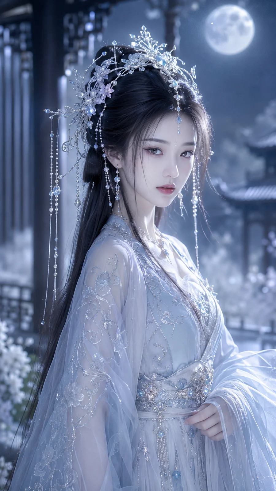 生成古风写真:白月凝霜 9:16 竖版人物:20-28岁年轻东方淡颜系美人女性,高精度清冷仙气古风精修写真风格,具有自然明确特征,不幼态化,五官耐看,肌肤呈冷白瓷感,细腻透亮莹润但不过度暖白发光。丹凤眼,眼尾微微上扬,眼睛清亮有神,眼神平静克制,带轻微疏离感,不甜笑、夸张,只保留柔和而空灵的古偶女主气质。鼻梁秀气,唇形柔软自然,唇色冷调淡粉。黑长直秀发半直半挽,柔顺长发自然垂落,发丝细腻顺滑,发顶自然蓬松不扁塌,两侧有几缕轻盈碎发贴近脸颊。整体气质清冷、安静、疏离、柔美,带有淡淡仙气与静态情绪感。头饰:华丽等级 的古风仙侠头饰,由 银色发冠、细银步摇、珍珠流苏、白玉珠链、冰蓝宝石点缀与少量冷感花饰 组成,结构清晰、层次精致、轻盈不厚重,整体偏冷感与空灵感。首饰包括 精致耳坠、细链项饰、冷白金属结构件、白玉与冰蓝宝石点缀,体现精致、冷白、高级的珠宝质感。服饰:月白冰蓝银系的轻纱仙侠层叠裙,服装为 华丽唐风幻想古装体系,中高华丽度。服装主色为 月白、冰蓝、冷白,辅色为 雾银、淡青、浅灰蓝,点缀色为 银色、白玉、冰蓝宝石。上身采用 柔和弧形领或幻想式交领结构,外层覆盖 半透明冰蓝轻纱外袍或披帛,内层为 月白色柔软绢感面料,服装带有 细密银线云纹、冰蓝花卉纹、淡青藤蔓纹,刺绣清晰而精致。袖型为 轻盈广袖或垂坠纱袖,袖口有银线刺绣与细小珠饰。腰部配有 银白腰封、垂坠珠链、冰蓝宝石腰饰与少量白玉装饰,裙层轻盈叠落,材质柔软流动,整体观感空灵、冷雅、轻雾感强,绝不是现代礼服,不是西式公主裙,不是廉价 cosplay,也不是影楼古装。 构图: 大半身轻侧身,人物身体微微侧转,肩颈自然舒展,姿态优雅安静,动作克制简洁,一只手可轻扶披帛或衣袖,另一只手自然下垂或轻置身前,避免夸张动作与俏皮姿态。人物位于画面中心或略偏中心,人物为绝对视觉中心,眼神可看向镜头或轻微偏离镜头,整体强调静谧、冷感、疏离的女主氛围。 环境:雾气庭院与虚化月下回廊 中,背景为 冷调古风回廊、月下庭院、轻雾感空间、浅景深散景与柔和纵深结构,背景只负责营造静谧空灵氛围,不抢主体,不热闹,不鲜艳,不喜庆。光影:光线为 冷调柔光,带 轻微侧逆光,面部光线干净柔和,同时保留一定阴影层次,发丝边缘有细腻冷白轮廓光,首饰、银饰、珍珠与冰蓝宝石有轻微冷白高光闪烁。整体画面应 冷白、克制、静谧、空灵、柔和、梦幻,避免过亮、过暖、过曝、过甜的商业明媚古风感。 整体画质必须 高精度、高完成度、高级质感,发丝细腻,肌肤冷白通透,刺绣清晰,首饰质感强,轻纱层次丰富,背景虚化高级,带有 朦胧轻雾感、清冷仙气、静态情绪感,最终呈现为一张 古风仙侠美人图 / 唐风幻想女性人像 / 清冷仙气东方梦幻女主角色海报级写真。风格:唐风幻想审美、华丽古偶女主妆造、东方梦幻角色海报质感、清冷仙气支线增强版本画面质感:画面整体应呈现 清冷、安静、疏离、克制、柔美、空灵、冷白梦幻 的氛围,具有高级古风仙侠美人图完成度,不是明媚甜暖风,不是热烈喜庆风,而是偏冷调、偏静谧、偏疏离的华丽东方幻想角色写真。