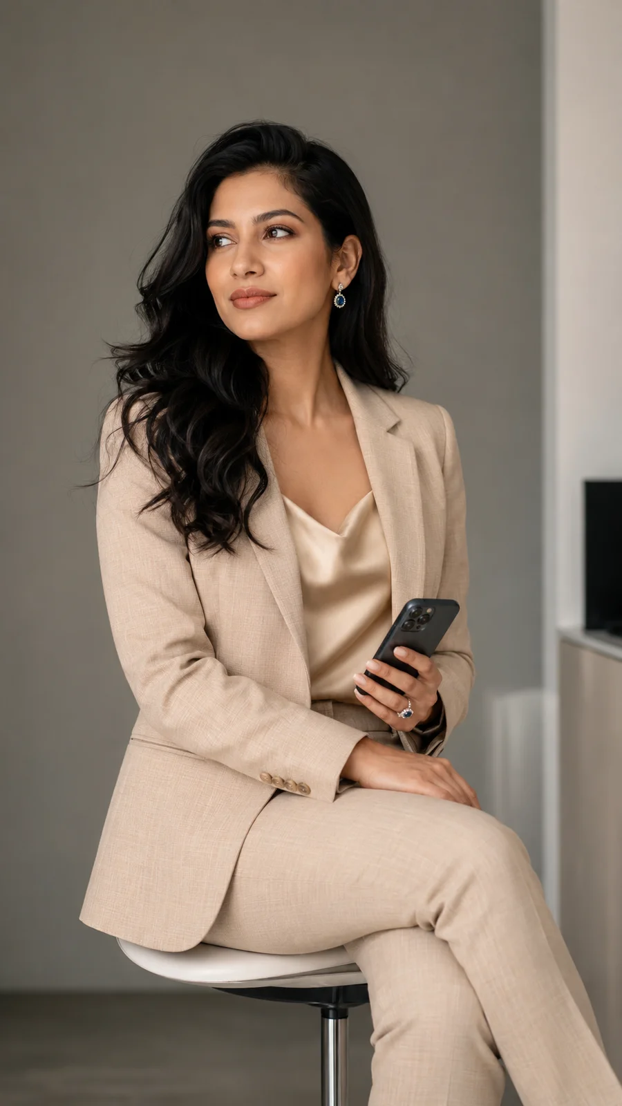 {  "identity_reference": {    "source": "uploaded reference photo(s)",    "rule": "Use the uploaded reference photo(s) as the only source of identity.",    "preserve": [      "same face",      "same age range",      "same skin tone",      "same body type",      "same hair or hairline when visible",      "same distinctive features"    ],    "override_fixed_traits_from_original_prompt": true  },  "image_goal": {    "category": "Corporate and business",    "title": "Product Campaign",    "description": "Creates a business, executive, or corporate personal-branding image. It can be adapted to showcase a product, logo, or commercial offer."  },  "scene": {    "setting": "corporate office or professional environment",    "description": "\" A high-end professional portrait capturing a poised and confident woman seat ed on a minimalist, modern stool. She wears an elegant beige suit with a subt le w o v en texture, tailored to per f ection, enhancing her graceful posture and e x ecutiv e pr esence. Underneat h, a silky champagne blouse peeks t hr ough, adding a touch of understat ed luxur y. Her long wavy black hair cascades over her shoulders, framing her sharp y et in viting gaz e. Her expression e xudes poise and quiet aut hority, with her eyes subt ly dir ect ed off -camera, e v oking a natural y et commanding pr esence. She gracefully holds a sleek smar tphone in her hand, positioned as if she is t houghtfully engaged in an impor tant task. Her jew elr y consist s of delicat e blue gemstone earrings and a mat ching ring, adding a r efined and sophisticat ed contrastto the monochr omatic palette. The lighting is soft and directional, casting gent le shadows that sculpther features while maintaining an e v en, professional quality. The clean, neutral background enhances the minimalist aesthetic, ensuring an unclutt ered, editorial-style composition. The rule of t hir ds is meticulously f ollow ed, with negativ e space balancing the scene elegantly. Captured in a t hr ee-quar t er portrait at eye le v el using a Canon EOS 5D Mark IV and an 85mm f /1.2 portrait lens, with f /2. 0 to create a soft, r efined bok eh eff ect, ensuring sharp subject details while subt ly f ading the background. This portrait radiat es modern professionalism, confidence, and effortless sophistication, ideal for corporate branding, e x ecutiv e photography, and personal brand imager y. \"",    "subject_role": "model, seller, influencer, professional, service provider, or campaign subject",    "wardrobe": "business, expert, or formal clothing",    "product_or_brand_integration": "Integrate supplied product, service, logo, brand color, business niche, or campaign goal naturally when provided.",    "pose_and_action": "Follow the pose, action, and composition described in the scene; if extra pose/style references are supplied, use them without changing identity."  },  "visual_direction": {    "style": "fashion editorial",    "lighting": "realistic lighting consistent with the scene",    "camera": "portrait framing",    "quality": "high-resolution, realistic details, natural skin texture, consistent anatomy"  },  "customization_rules": {    "replace_fixed_names": true,    "replace_fixed_identity_traits": true,    "replace_celebrity_references": true,    "allow_product_service_outfit_logo_brand_color_niche": true,    "commercial_safe": true  },  "negative_prompt": "Do not change the reference identity. No alternate face, changed ethnicity, changed skin tone, changed age range, changed body type, extra limbs, distorted hands, warped face, plastic skin, over-smoothing, random text, fake logos, watermark, or inconsistent anatomy.",  "full_prompt": "Use the uploaded reference photo(s) as the only source of identity. Preserve same face, same age range, same skin tone, same body type, same hair or hairline when visible, same distinctive features. Create a Corporate and business image. Scene: \" A high-end professional portrait capturing a poised and confident woman seat ed on a minimalist, modern stool. She wears an elegant beige suit with a subt le w o v en texture, tailored to per f ection, enhancing her graceful posture and e x ecutiv e pr esence. Underneat h, a silky champagne blouse peeks t hr ough, adding a touch of understat ed luxur y. Her long wavy black hair cascades over her shoulders, framing her sharp y et in viting gaz e. Her expression e xudes poise and quiet aut hority, with her eyes subt ly dir ect ed off -camera, e v oking a natural y et commanding pr esence. She gracefully holds a sleek smar tphone in her hand, positioned as if she is t houghtfully engaged in an impor tant task. Her jew elr y consist s of delicat e blue gemstone earrings and a mat ching ring, adding a r efined and sophisticat ed contrastto the monochr omatic palette. The lighting is soft and directional, casting gent le shadows that sculpther features while maintaining an e v en, professional quality. The clean, neutral background enhances the minimalist aesthetic, ensuring an unclutt ered, editorial-style composition. The rule of t hir ds is meticulously f ollow ed, with negativ e space balancing the scene elegantly. Captured in a t hr ee-quar t er portrait at eye le v el using a Canon EOS 5D Mark IV and an 85mm f /1.2 portrait lens, with f /2. 0 to create a soft, r efined bok eh eff ect, ensuring sharp subject details while subt ly f ading the background. This portrait radiat es modern professionalism, confidence, and effortless sophistication, ideal for corporate branding, e x ecutiv e photography, and personal brand imager y. \" Role: model, seller, influencer, professional, service provider, or campaign subject. Wardrobe: business, expert, or formal clothing. Product/brand integration: Integrate supplied product, service, logo, brand color, business niche, or campaign goal naturally when provided. Style: fashion editorial. Lighting: realistic lighting consistent with the scene. Camera: portrait framing. Quality: high-resolution, realistic details, natural skin texture, consistent anatomy. Negative prompt: Do not change the reference identity. No alternate face, changed ethnicity, changed skin tone, changed age range, changed body type, extra limbs, distorted hands, warped face, plastic skin, over-smoothing, random text, fake logos, watermark, or inconsistent anatomy."}