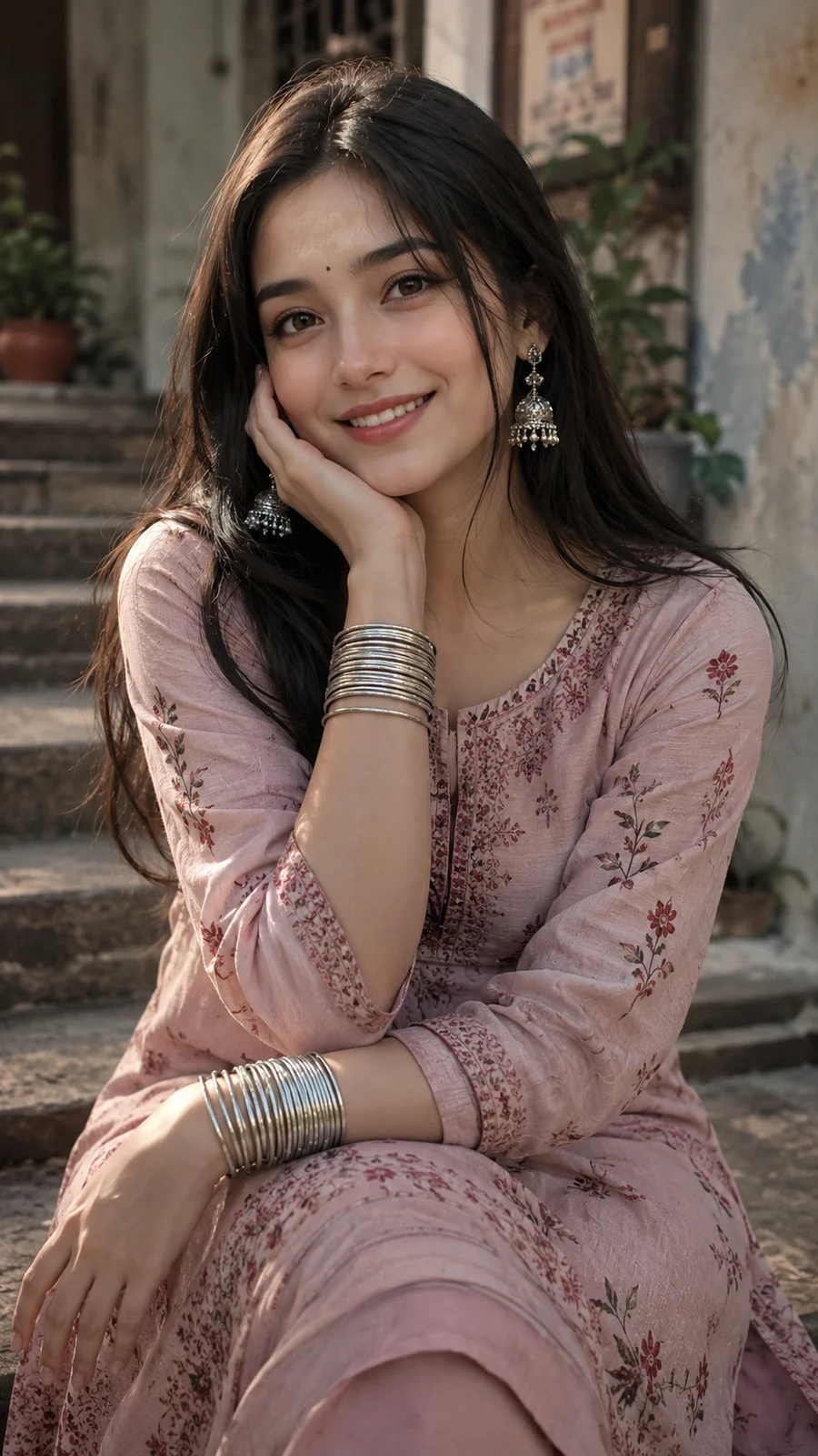 Stunningly beautiful anime girl character, ultra-realistic iPhone candid style, captivating natural smile, moderate length straight hair, wearing a beautiful knee-length kurti, 24 silver metal bangles on her wrist, intricate silver jhumke earrings, mesmerizing detailed expressive eyes, soft natural lighting, insta-worthy aesthetic, high-quality digital painting, masterpiece, 9:16 aspect ratio.