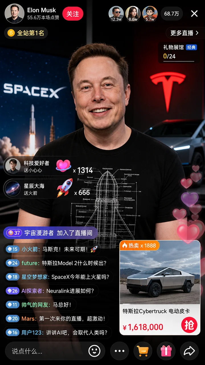 {
  "type": "live stream UI mockup",
  "subject": {
    "description": "portrait of {argument name=\"host name\" default=\"Elon Musk\"}, smiling, wearing a black t-shirt with a white technical schematic graphic",
    "background": "left side shows a screen with '{argument name=\"left background logo\" default=\"SPACEX\"}' text, right side shows a red '{argument name=\"right background logo\" default=\"Tesla T logo\"}' and a dark car"
  },
  "ui_overlay": {
    "top_header": {
      "host_info": "avatar, name '{argument name=\"host name\" default=\"Elon Musk\"}', subtext '55.6万本场点赞', red '关注' button",
      "rank_badge": "gold coin icon with '全站第1名'",
      "viewer_stats": "3 top viewer avatars with '12.3w', '8.6w', '5.7w', total '68.7万', 'X' close button",
      "right_links": "'更多直播 >', '礼物展馆 0/24' with blue '经典' tag"
    },
    "mid_left_gifts": {
      "count": 2,
      "items": [
        "avatar '科技爱好者', '送小心心', heart icon x 1314",
        "avatar '星辰大海', '送火箭', rocket icon x 666"
      ]
    },
    "bottom_left_chat": {
      "system_message": "level 37 badge '宇宙漫游者 加入了直播间'",
      "message_count": 7,
      "messages": [
        "小火箭: 马斯克！未来可期！🚀",
        "future: 特斯拉Model 2什么时候出？",
        "星空梦想家: SpaceX今年能上火星吗？",
        "AI探索者: Neuralink进展如何？",
        "帅气的网友: 马总好！",
        "Mars: 第一次来你的直播，超激动！",
        "用户123: 讲讲AI吧，会取代人类吗？"
      ]
    },
    "bottom_right_product_card": {
      "hot_tag": "orange '热卖 x 1888'",
      "image": "Tesla Cybertruck",
      "title": "{argument name=\"product name\" default=\"特斯拉Cybertruck 电动皮卡\"}",
      "price": "{argument name=\"product price\" default=\"¥ 1,618,000\"}",
      "button": "red '抢' button",
      "floating_animation": "translucent hearts floating up the right edge"
    },
    "bottom_bar": {
      "input_field": "'说点什么...'",
      "icons": ["smiley face", "three dots", "shopping cart", "gift box", "share"]
    }
  }
}