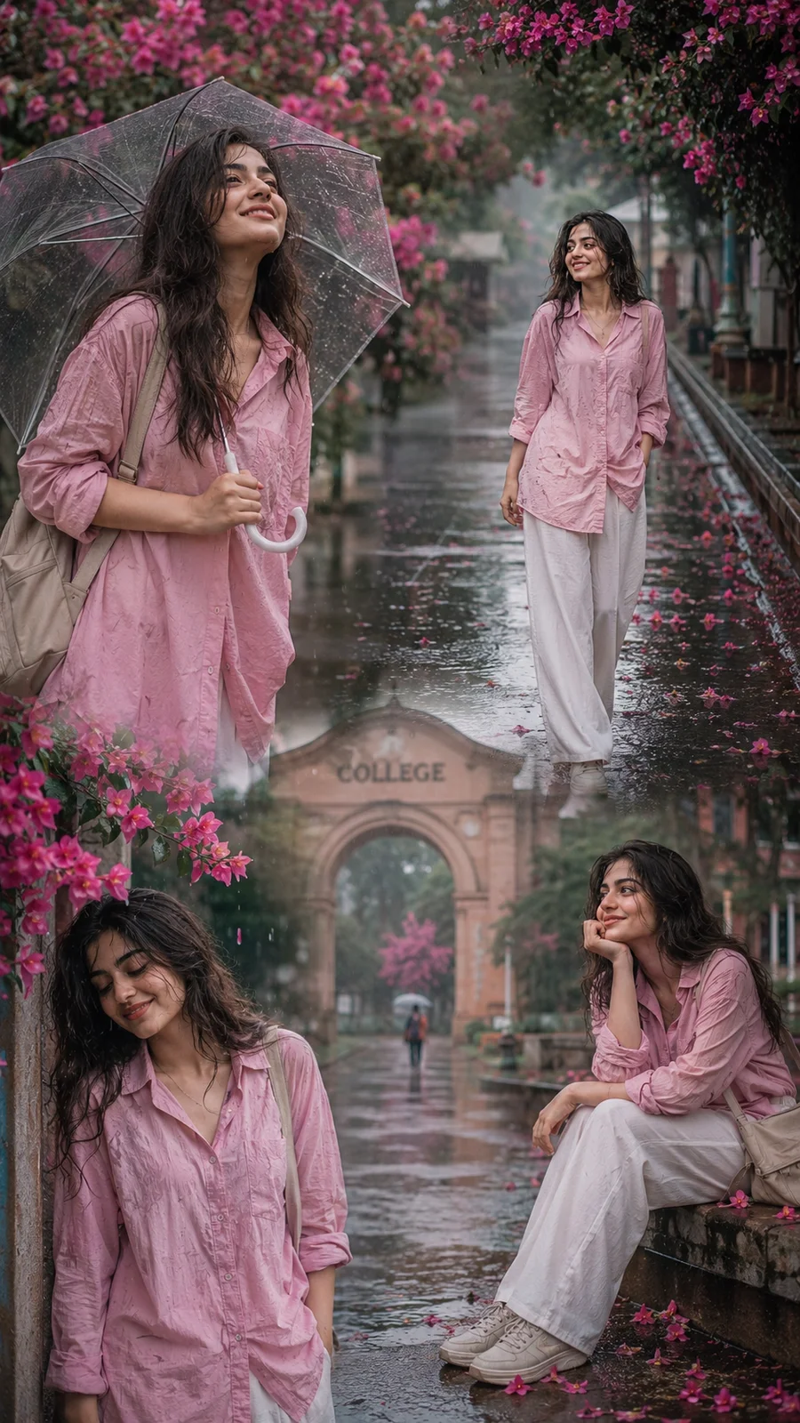 Aesthetic rainy season college portrait collage of a stylish young woman in a pink oversized shirt and white wide-leg pants, enjoying the rain on a campus road with blooming pink flowers, wet pavement reflections, soft cinematic lighting, dreamy mood, vibrant colors: multiple poses, photorealistic, Instagram poster style, shallow depth of field, 4K.