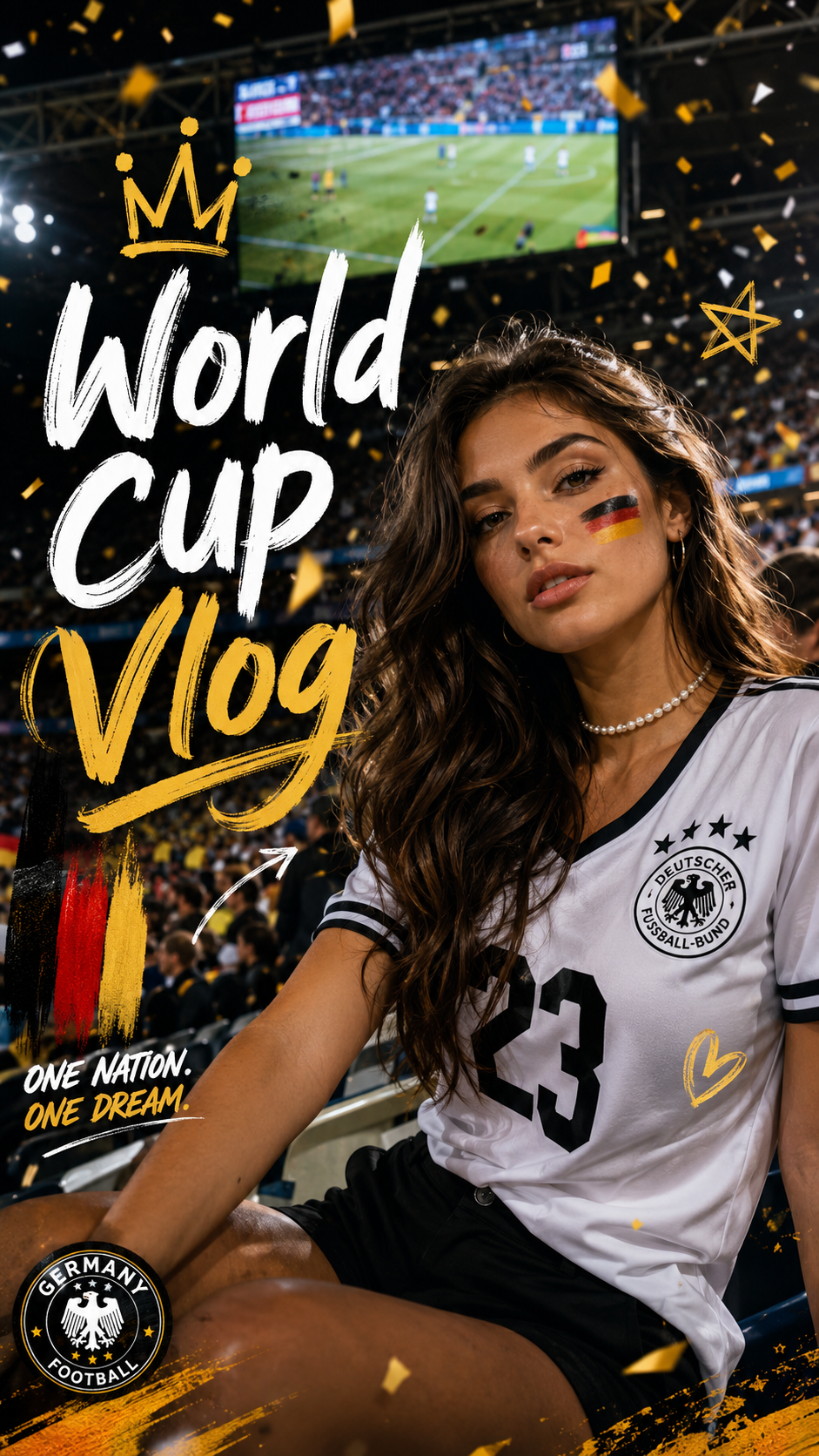 Ultra-realistic sports fan portrait poster, beautiful young woman with long wavy dark brown hair sitting in a packed football stadium, wearing a white black-trimmed sports jersey with the number 23, face paint in black-red-gold stripes on her cheek, pearl choker necklace, cinematic lighting, shallow depth of field, large stadium screen in the background showing a football match, confetti falling, energetic crowd atmosphere, editorial fashion photography, highly detailed skin texture, dramatic bokeh, premium sports advertisement design, yellow hand-drawn doodle crown and star elements around the subject, bold brush typography reading "World Cup Vlog" on the left side, black, white and gold color palette, dynamic composition, professional poster layout, ultra sharp focus, 8k resolution, vibrant colors, photorealistic, trending on Behance, sports influencer thumbnail style