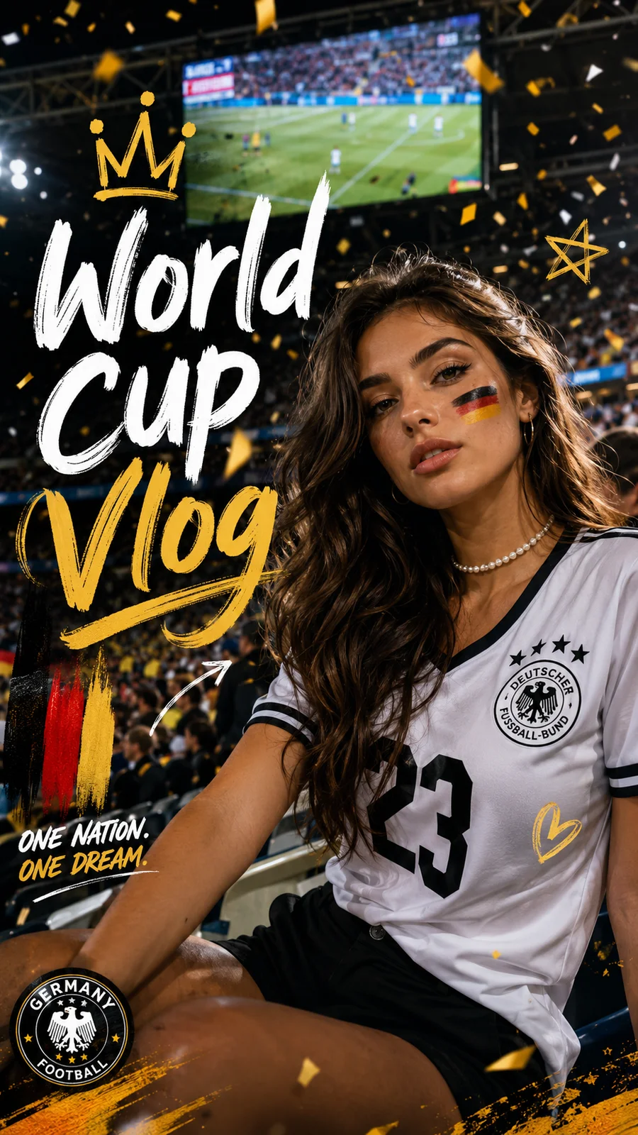 Ultra-realistic sports fan portrait poster, beautiful young woman with long wavy dark brown hair sitting in a packed football stadium, wearing a white black-trimmed sports jersey with the number 23, face paint in black-red-gold stripes on her cheek, pearl choker necklace, cinematic lighting, shallow depth of field, large stadium screen in the background showing a football match, confetti falling, energetic crowd atmosphere, editorial fashion photography, highly detailed skin texture, dramatic bokeh, premium sports advertisement design, yellow hand-drawn doodle crown and star elements around the subject, bold brush typography reading "World Cup Vlog" on the left side, black, white and gold color palette, dynamic composition, professional poster layout, ultra sharp focus, 8k resolution, vibrant colors, photorealistic, trending on Behance, sports influencer thumbnail style
