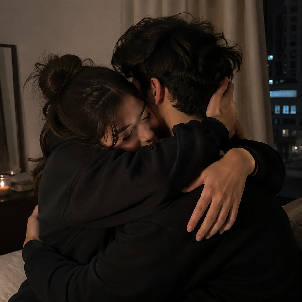 A girl hugs a boy tightly as they both caress each other