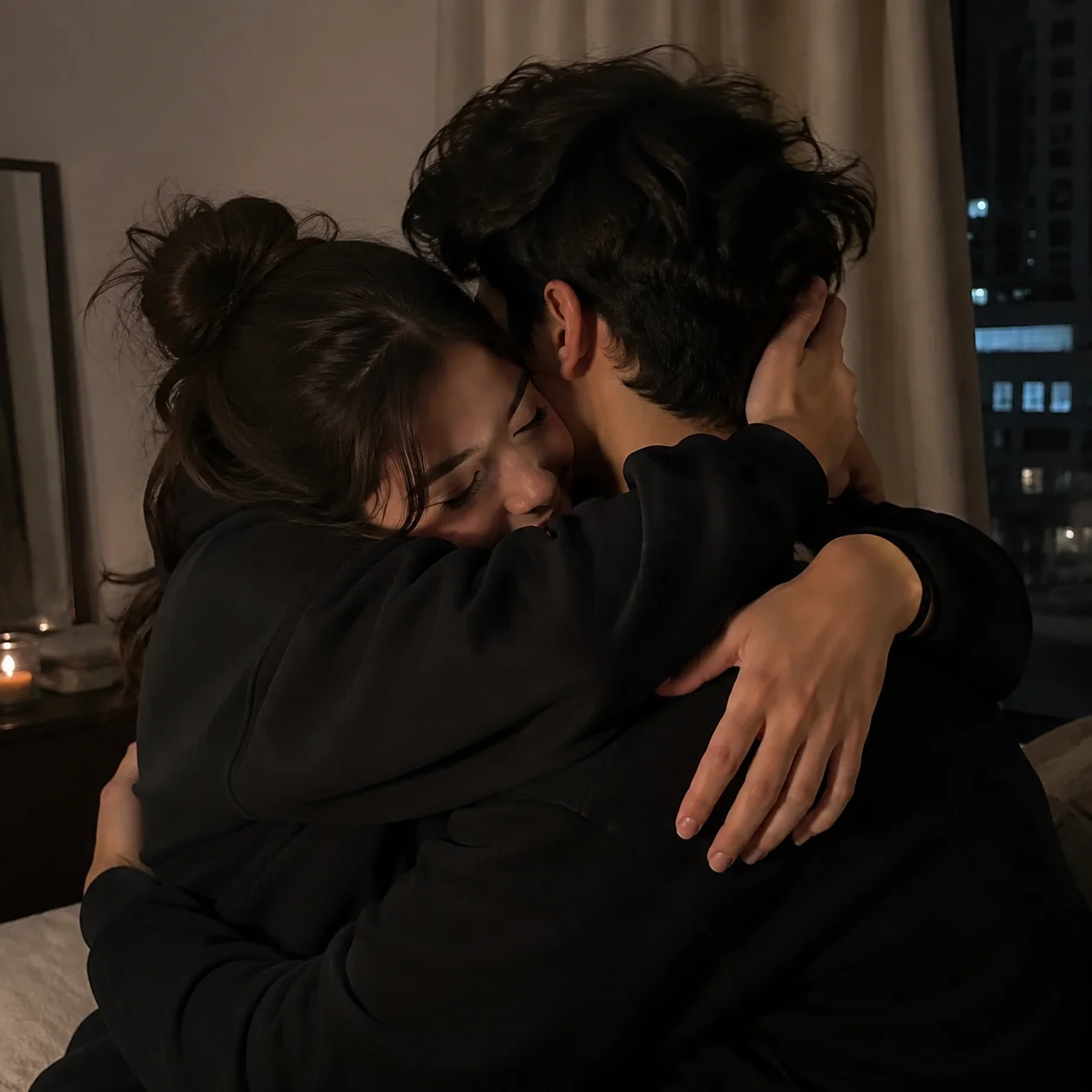A girl hugs a boy tightly as they both caress each other